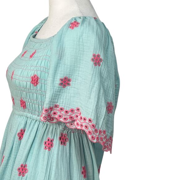 Easel Embroidered Smocked Tie Back Cotton Blue Ruffle Dress Small A Line Boho - Picture 12 of 14